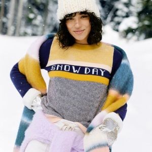 Anthropologie sweater, size XS small, blue and yellow printed Snow Day